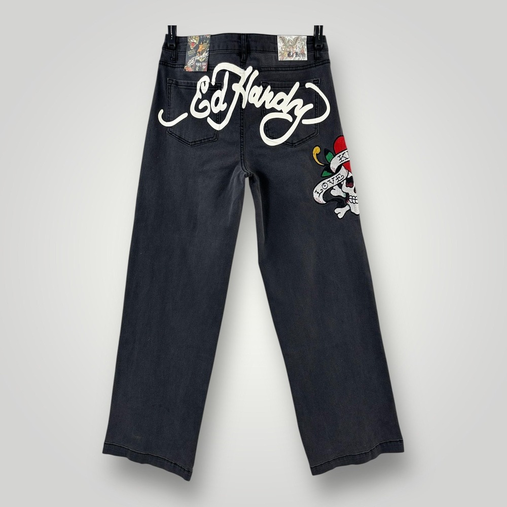 Ed Hardy Skull Heart Jeans Womens 30 Faded Black Wide Leg High Rise Embroidered